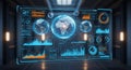 Futuristic data visualization interface showing global network connections with glowing graphs and charts on dark blue background Royalty Free Stock Photo