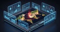 Futuristic data visualization interface with world map display showing global network connectivity through multiple screens with Royalty Free Stock Photo