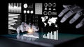Futuristic Data Visualization with Robotic Hands Interacting with Digital Graphs, Charts, and World Map on a Dark Royalty Free Stock Photo