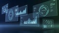 Futuristic data visualization screens with graphs and charts on dark background Royalty Free Stock Photo
