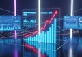 Futuristic data visualization with upward trending graph and neon lights Royalty Free Stock Photo