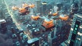 Futuristic delivery drones fly above the city, showcasing advanced logistics in the urban landscape AIG62