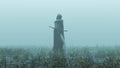 Futuristic Demon Nun In a High Split Dress and face Mask Abstract Demon Assassin with Samurai Sword Foggy Watery Void with Reeds a