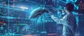 A futuristic depiction of a software engineer debugging a giant virtual bug inside a holographic computer interface