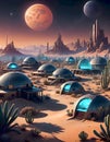 Futuristic desert colony with dome shaped buildings under a red sun and neon lit city in the background, Generative AI