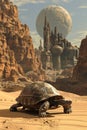 Futuristic Desert Landscape with Giant Tortoise and Extraterrestrial City Under Alien Planet Royalty Free Stock Photo