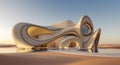 Futuristic desert oasis architecture with flowing curves and modern design