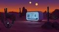 Futuristic desert pod at sunset with glowing cacti and twin moons Royalty Free Stock Photo