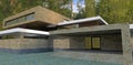 Futuristic design of an advanced country house. Finishing from different types of natural stone. Beautiful forest landscape. 3d