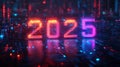 Intertwined numbers representing the year 2025 against a vibrant cybernetic background