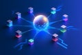 Abstract digital network with glowing sphere and connected cubes on blue background Royalty Free Stock Photo