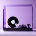 Futuristic Designed Turntable player with Vinyl Record besides in Transparent box, on minimal purple wall Royalty Free Stock Photo