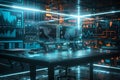 Futuristic desk with glowing devices displaying stock charts for tech finance projects, loop video
