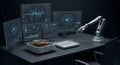 A futuristic desk with multiple transparent screens, quantum computing device and a robotic assistant arm.