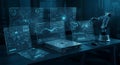 A futuristic desk with multiple transparent screens, quantum computing device and a robotic assistant arm Royalty Free Stock Photo