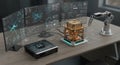 A futuristic desk with multiple transparent screens, quantum computing device and a robotic assistant arm.