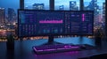 A Futuristic Desk Setup Featuring an Ultra-Wide Monitor Displaying Complex Data with a Cityscape View at Dusk Royalty Free Stock Photo