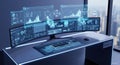 A futuristic desk setup with multiple monitors displaying holographic data visualizations and charts in blue and white tones Royalty Free Stock Photo