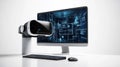 Futuristic desktop workspace featuring advanced computer, monitor, and high-tech virtual reality headset