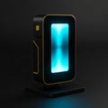 Futuristic Device with Glowing Blue Screen and Gold Trim on Dark Background technology Royalty Free Stock Photo