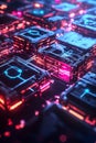 Futuristic Digital Abstract With Glowing Neon Circuits and Patterned Microchips in 3D Grid Royalty Free Stock Photo