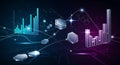 Futuristic digital abstract illustration with bar graph, geometric shapes, and network connections on dark blue gradient Royalty Free Stock Photo