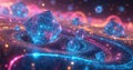 Futuristic digital abstract shows glowing blue crystals. Polyhedrons float in swirling pink, orange light paths, creating dynamic Royalty Free Stock Photo