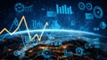 Futuristic Digital Analytics Concept Over Globe with Financial Data, Graphs, Charts, and Data Visualization Elements in Royalty Free Stock Photo
