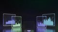 Futuristic Digital Analytics Display: Glowing Business Charts and Graphs on Translucent Screens for Modern Data Visualization in a Royalty Free Stock Photo