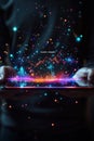 Futuristic digital analytics projected from a tablet in vibrant holographic colors Royalty Free Stock Photo