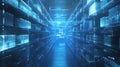 Futuristic digital archive shelves with glowing blue data, representing vast information storage. Royalty Free Stock Photo