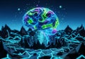 Futuristic digital art featuring a multicolored, polygonal brain floating above a grid-like Royalty Free Stock Photo