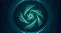 Futuristic digital art with glowing green spiral network pattern on dark blue background creating technological energy Royalty Free Stock Photo