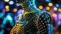 Futuristic digital art showcasing a glowing humanoid interface against a vibrant bokeh backdrop
