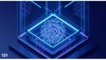 A futuristic digital artwork featuring a geometric structure with neon blue lights. Royalty Free Stock Photo