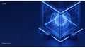 A futuristic digital artwork featuring a geometric structure with neon blue lights. Royalty Free Stock Photo