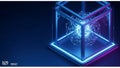 A futuristic digital artwork featuring a geometric structure with neon blue lights. Royalty Free Stock Photo