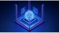 A futuristic digital artwork featuring a geometric structure with neon blue lights. Royalty Free Stock Photo