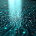 Glowing teal circuitry illuminated by soft vertical light creating futuristic digital harmony in AI-generated artwork Royalty Free Stock Photo