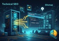 Futuristic digital artwork illustrating concepts of technical SEO. Includes a server with glowing Royalty Free Stock Photo
