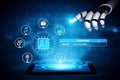 Futuristic Digital Assistant Concept with Robot Hand Interacting with Tablet Screen Displaying AI Functions and Graphic Royalty Free Stock Photo