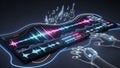 Futuristic digital audio workstation with glowing waveforms and robotic hands music technology Royalty Free Stock Photo