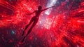 Futuristic digital avatar floating in a neon data stream