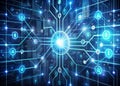 A futuristic digital background with binary code and circuit patterns, intersecting with a 3D blockchain grid, surrounded by Royalty Free Stock Photo