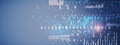 Futuristic digital background with binary code and data visualization on blue backdrop. 3D Rendering