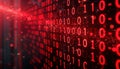 Futuristic digital background displays red binary code. Matrix-style design shows complex data streams. Abstract tech visual