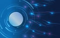 Futuristic digital background with a glowing circular interface, flowing data lines, and neon accents in blue tones, representing Royalty Free Stock Photo