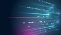 A futuristic digital background with glowing horizontal arrows, lines and data flows in blue and purple tones, symbolizing speed, Royalty Free Stock Photo