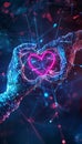 Futuristic digital banner featuring holographic hands connecting with a pulsating neon heart