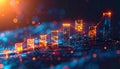 Futuristic Digital Bar Chart Displaying Exponential Financial Growth and Success Represented by Illuminating Orange and Blue Data Royalty Free Stock Photo
